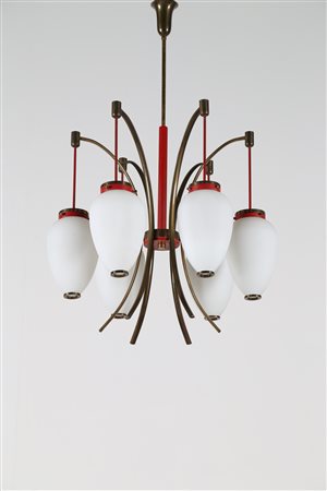 STILNOVO Lampadario in metallo laccato ottone e vetro opalino, anni 50. -. Cm...