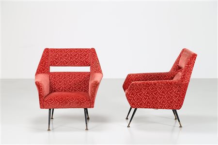 RADICE GIGI Coppia poltrone in metallo laccato, ottone e tessuto per Minotti...