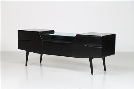 ARREDARTE Credenza in legno laccato nero con piano centrale in cristallo,...