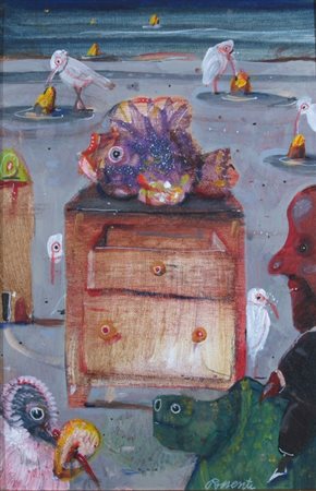 POSSENTI ANTONIO (Lucca 1933) "Figura con pesci" Olio su cartone telato cm....