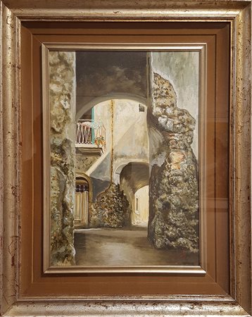 ALFONSO GATTO lo scorcio, 1970 olio su tela cm. 51x37, dichiarazione...