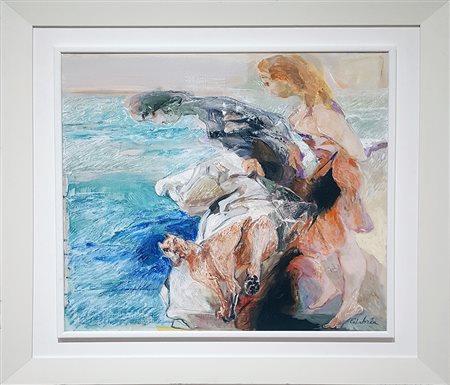 ENNIO CALABRIA Correre con le onde acrilico su tela cm. 60x60, firma in basso...