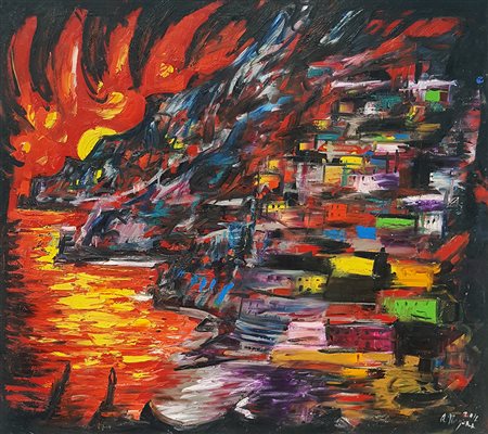 ALFONSO MANGONE Positano, 2012 olio su tela cm. 100x100, firma in basso a...