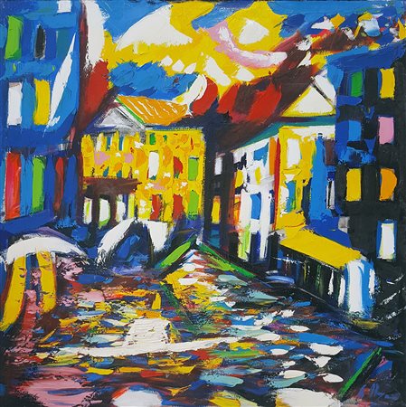 ALFONSO MANGONE Attraverso città olio su tela cm. 100x100, firma in basso a...