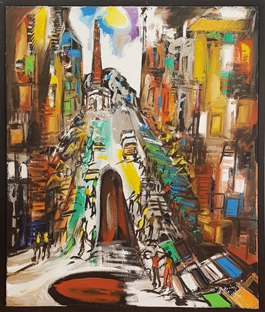 ALFONSO MANGONE Attraverso città olio su tela cm. 100x70, firma in basso a...