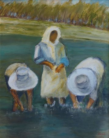 FABRIZIO BERTI Mondine, 2011 tecnica mista su tavola cm. 120x100, firma in...