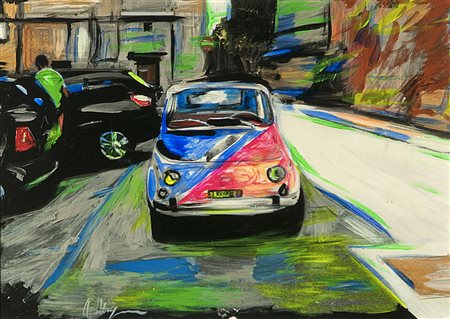 ALFONSO MANGONE FIAT 500 olio su tela cm. 30x40, firma in basso a sinistra...