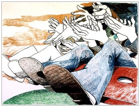 ENNIO CALABRIA 1937 Senza titolo Litografia a colori es.68/90. Firma in b. a...