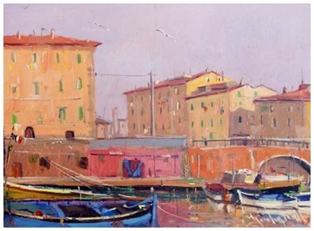 RENZO GUIDUGLI 1935 Il Pontino Olio su tavola 28 x 38. Firma in b. a d.; sul...