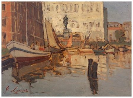 GIOVANNI LOMI 1889 – 1969 Darsena livornese 1950 ca. Olio su tavola 17,4 x...