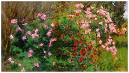 GIORGIO KIENERK 1869 – 1948 Rosaio in fiore Olio su tavola 19 x 31,5. Firma...