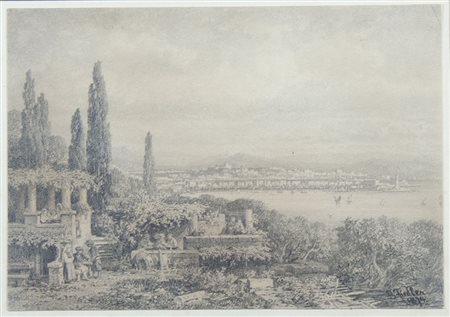 Bernhard Fiedler Berlino 1816-Trieste 1904 "Veduta di Trieste" cm. 18x24 -...