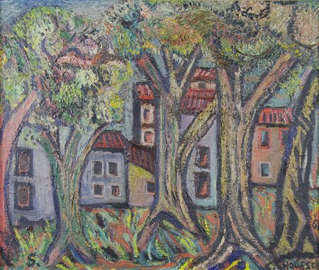 Carlo Hollesch 1926-1977 "Case tra gli alberi" cm. 50x60 - olio su tavola...