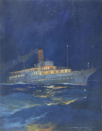 Heinrich Heusser 1881-1944 "In viaggio nella notte" cm. 33x26 - acquerello su...