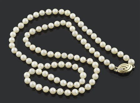 Lunga collana di perle Acoya (diam. mm. 6) con chiusura in oro giallo e...
