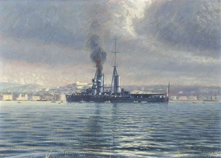Paolo Klodic Trieste 1887-1961 "Nave al largo di Trieste" cm. 34x48 - olio su...