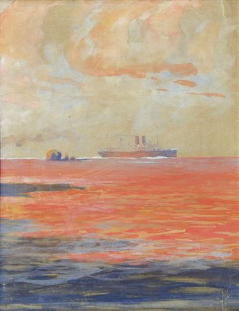 Heinrich Heusser (attr.) 1881-1944 "In navigazione al tramonto" cm. 28x22 -...