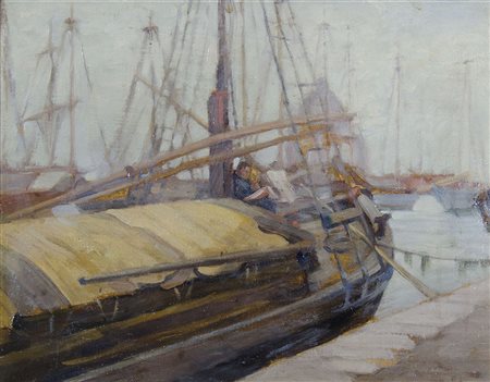 Pittore del '900 "Porticciolo con barche" cm. 36x47 - olio su tela