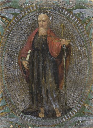 Dipinto su cuoio raffigurante Santo. cm. 40x30.