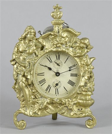 Orologio da tavolo con cornice in brono dorato lavorato con figura di donna e...