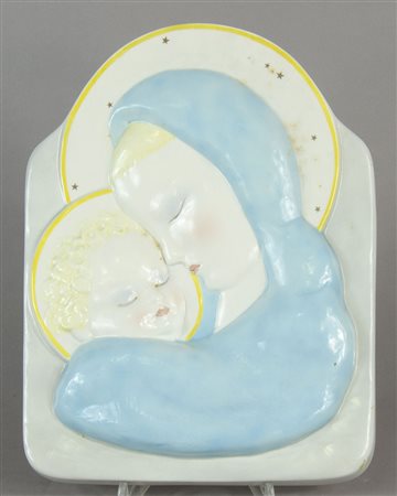 Lenci: piastra in ceramica policroma raffigurante Madonna. Firma ed etichetta...