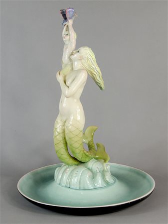 Ronzan: scultura in ceramica policroma raffigurante suirena su piatto....