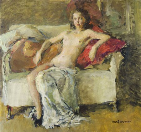 Ines Garzolini "Modella in poltrona" cm. 59x63 - olio su tavoletta Firmato b....