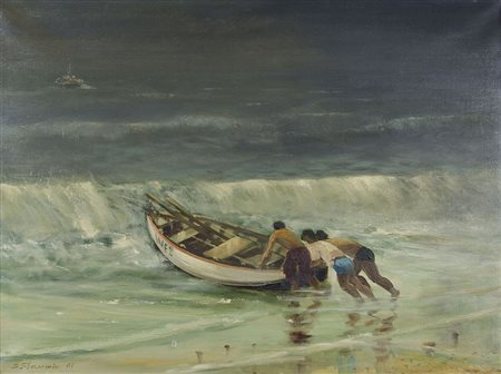 Erich Demmin 1911-1997 "Pescatori in partenza" cm. 60x80 - olio su tela...