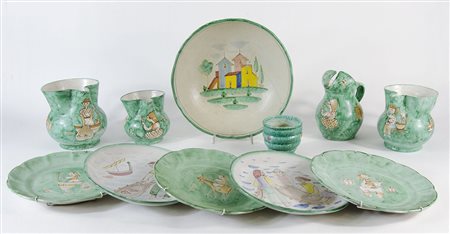 Vietri: lotto in ceramica a smalti policromi composto da brocche e piatti.