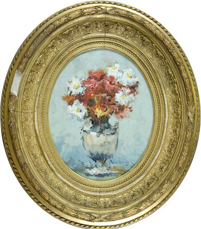 Nicola Sponza Corfù 1914-Trieste 1996 Lotto di 2 oli raffiguranti fiori entro...