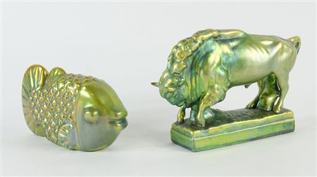 Zsolnay: lotto di 2 animali in ceramica. Entrambi marcati. Lung. max cm. 25.