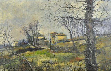 Lotto di 2 opere ad olio raffiguranti paesaggi, misure diverse.