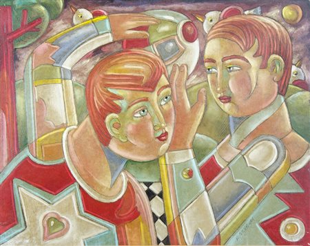 Roberto Sguanci Firenze 1948 "Giocatori di pallamano" cm. 40x50 - olio su...