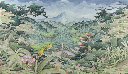 Pittore del '900 "Paesaggio orientale" cm. 68x118 - olio su stoffa Firmato b....