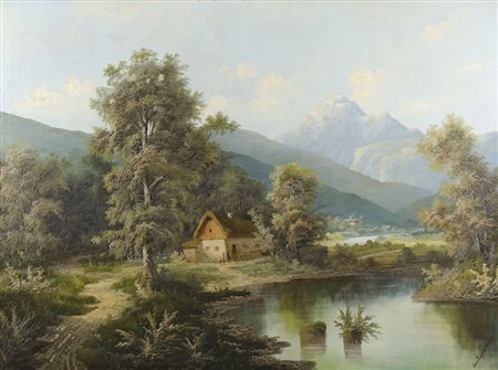 Josef Burgaritzky 1836-1890 "Villaggio tra i monti" cm. 95x125 - olio su tela...