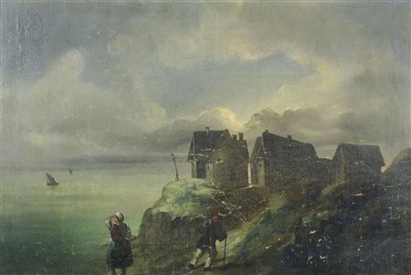 Pittore inizio '900 "Viandanti verso il rifugio" cm. 47x70 - olio su cartone