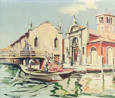 Fabio Dellach 1925-2000 "Gondola in canal" cm. 40x50 - olio su tela Firmato...