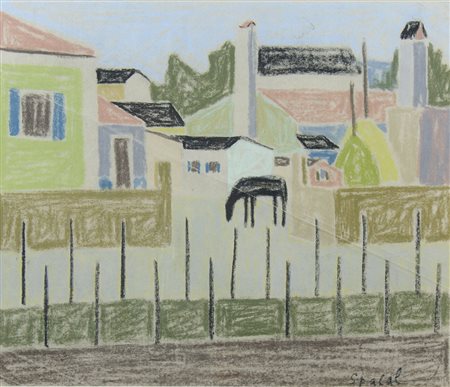 Luigi Spacal Trieste 1908-2000 "Case e campo" cm. 34x40 - pastelli colorati...