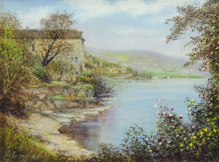 Guglielmo Stracca Gradisca 1899-Trieste 1979 "Laghetto" cm. 14x19 - olio su...