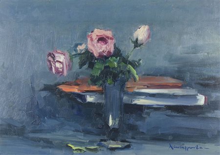 Nicola Sponza Corfù 1914-Trieste 1996 "Rose nel vaso" cm. 35x50 - olio su...