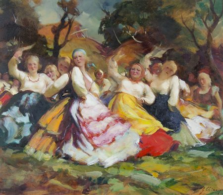 Giuseppe Chiacigh Wladikawkaz 1895-Trieste 1967 "Ballo popolare" cm. 50x58 -...