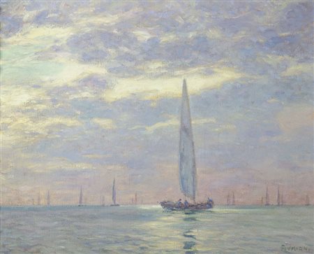 Ugo Flumiani Trieste 1876-1938 "Marina al tramonto" cm. 50x65 - olio su tela...