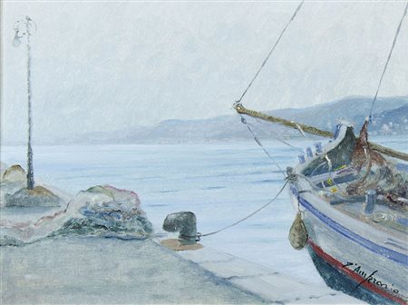 Roberto D'Ambrosio Salerno 1948 "Porticciolo con reti" cm. 18x24 - olio su...