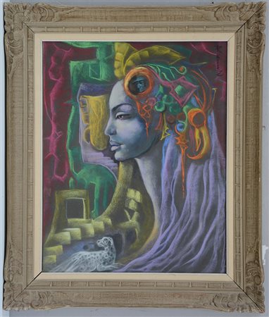 Ignoto "Volto" tecnica mista su cartoncino (cm 63x50) reca firma Ramirez in...