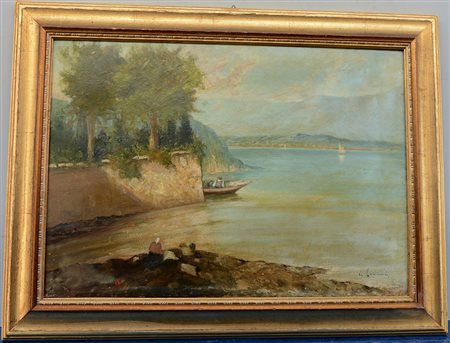 A. Levorani "Paesaggio lacustre" olio su cartone (cm 50x70) firmato in basso...