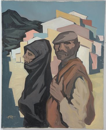 Ignoto "Figure sarde" 1974 olio su tela (cm 100x80) firmato A. Sanna e datato...