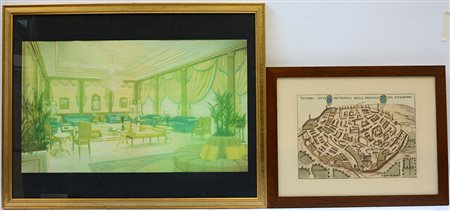 Riproduzione a colori di una stampa della città di Viterbo e una con interno...