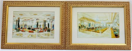 Ignoto "Interni di palazzi" coppia di acquerelli su carta (cm 25x38) In...