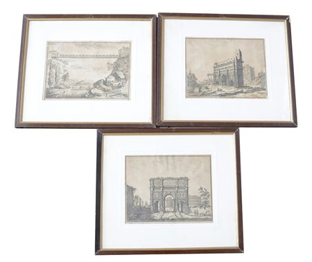 Tre incisioni (160x205 mm) raffiguranti monumenti e rovine dell'antichità. In...