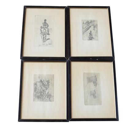 Gruppo di quattro stampe in bianco e nero raffiguranti cavalli e cavalieri....